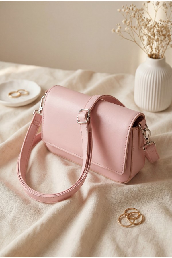 Minimalist Mıknatıslı Kapaklı Askılı Çapraz Çanta  -Pembe