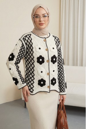 Papatya Detaylı Desenli Önü Düğmeli Ajurlu Triko Hırka -Ekru