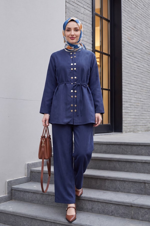 Modal Suit with Double Snap Button Detail, Round Neck, Wide Leg Trousers -Navy blue