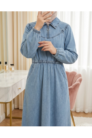 Yakası Fermuarlı Beli Ve Kolu Lastikli Cepli Kot Elbise -Buz Mavi