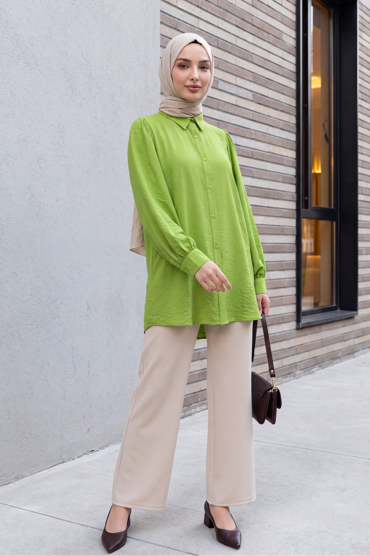 Balloon Sleeve Plain Tunic  -PISTACHIO GREEN