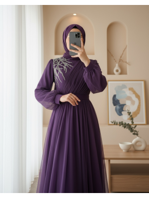 Önü Taş Detaylı Drapeli Kemerli Tül Abiye     -Mor