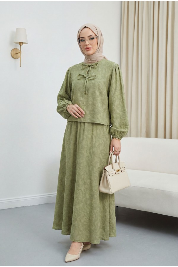 Jacquard Suit with Elasticated Sleeves, Tie-Collar and Skirt -Cagla Green