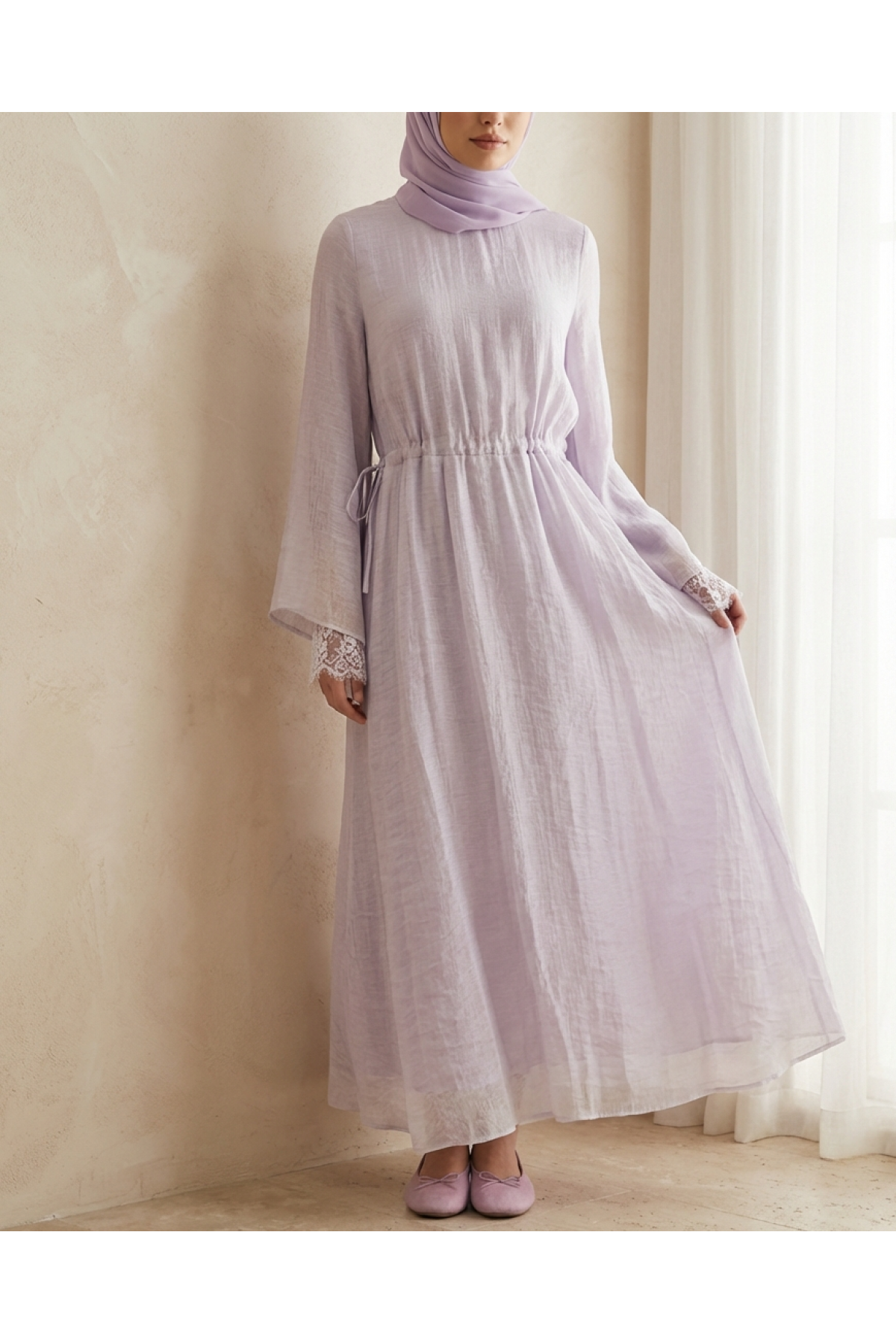Women's Long Dress with Lace Detail and Waist Tie