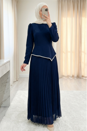 خصر غير متماثل، تنورة مزينة، فستان من الكريب المطوي -كحلي