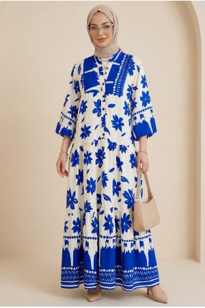 Yarım Düğmeli Kolu Lastikli Desenli Elbise -Saks