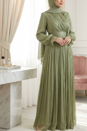 Glamorous Evening Dress with Elasticated Sleeves, Rose-Decorated Cape, and Draped Waist. -Khaki