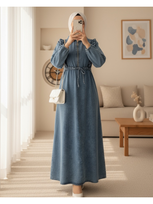 Robadan fırfırlı Belden Büzgü Kot Elbise -Mavi