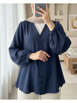 V Yaka Düğmeli Arkası Uzun Gömlek -Laci