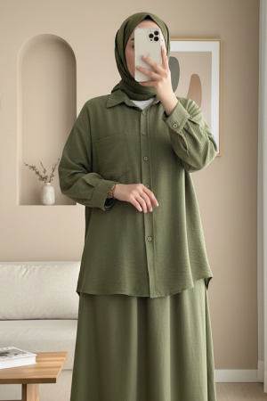 Tek Cepli Düğmeli Keten Gömlek -Haki