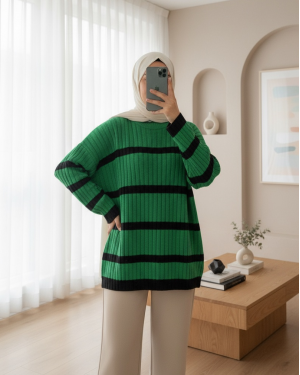 Salaş Kollu Çizgili Triko Kazak  -Orman Yş.