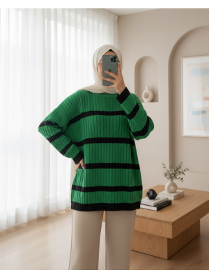 Salaş Kollu Çizgili Triko Kazak  -Orman Yş.