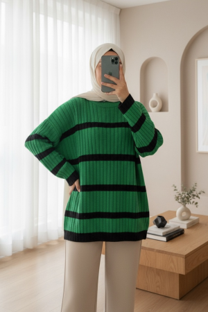 Loose Sleeve Striped Knitwear Sweater  -Forest Green