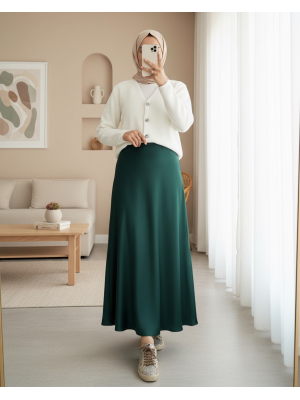 Elastic Waist Satin Skirt -Emerald