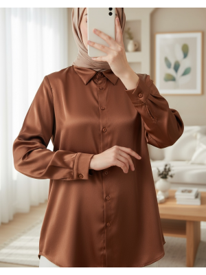 3964 Hafif Dökümlü Saten Gömlek - Taba