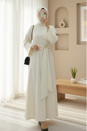 Stand Collar Buckled Laced Long Selanik Dress -Cream color