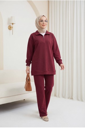 Yarım Fermuarlı Boğazlı Penye Takım -Bordo