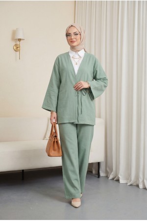 Önden Bağlamalı Pantolonlu Kimono Takım       -Su Yeşili