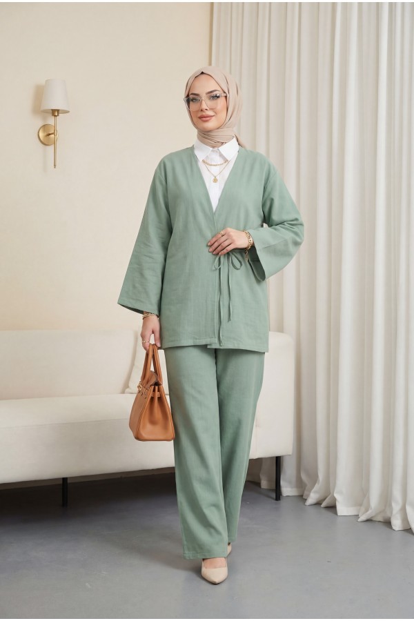 Önden Bağlamalı Pantolonlu Kimono Takım       -Su Yeşili