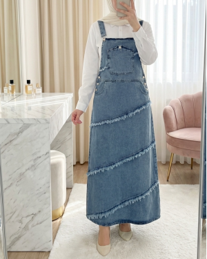 Denim Overalls with Pockets, Side Buttons and Tassel Detail -Ice Blue