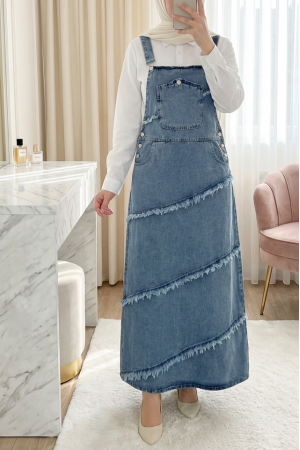 Cepli Yanı Düğmeli Püskül Detaylı Kot Salopet -Buz Mavi