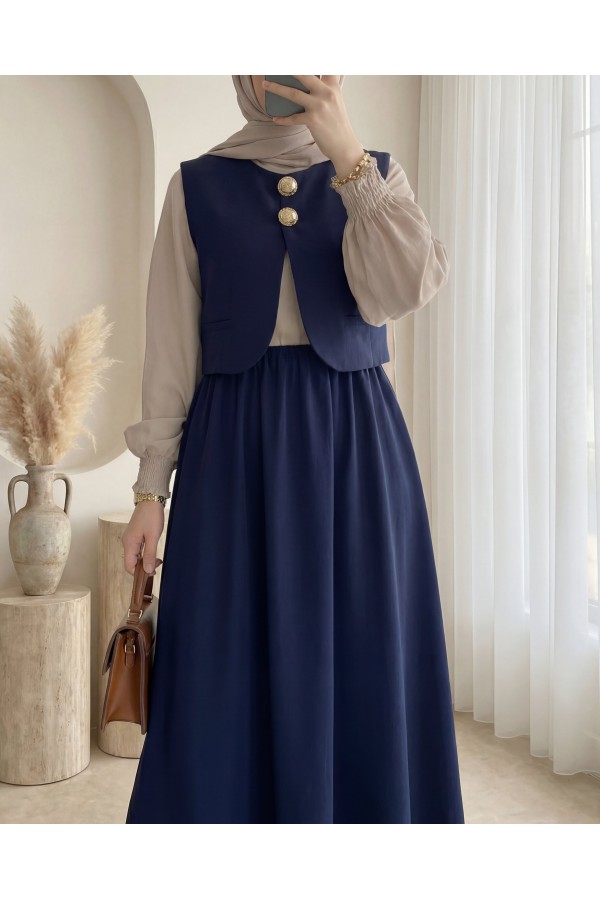 Zra Cupra Vest Dress Set with Elastic Waist and Half Button Closure -Navy blue