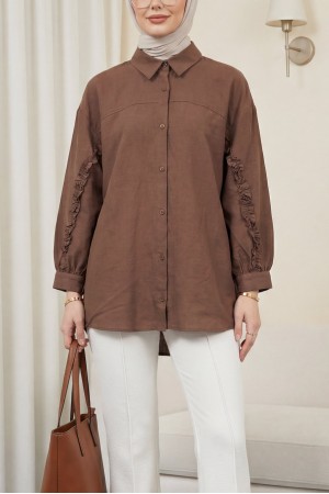 Buttoned Poplin Shirt with Ruffled Sleeves -Brown