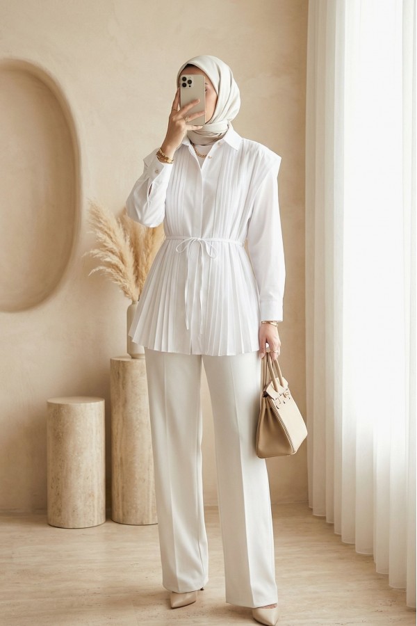 Poplin Shirt with Pleated Detail on Front and Back and Hidden Buttons -White