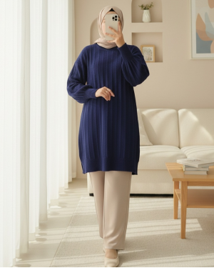Soft Knit Tunic with Ribbed Slits -Navy blue