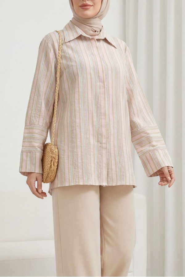 Oversize Shirt with Long Embossed Stripes on the Back -Mink color