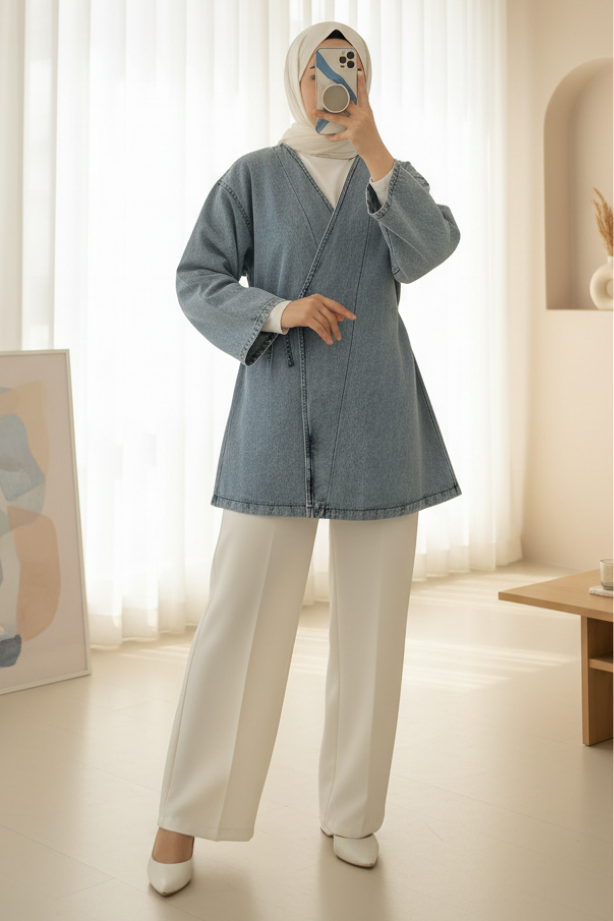 Side Tie Denim Kimono -Light blue