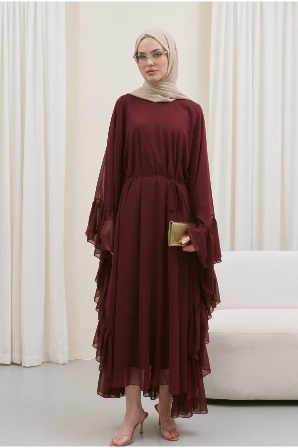 Asymmetrical Cut, Lace-Up Chiffon Abaya Dress Set with Ruffled Sides and Inner Lining -Maroon