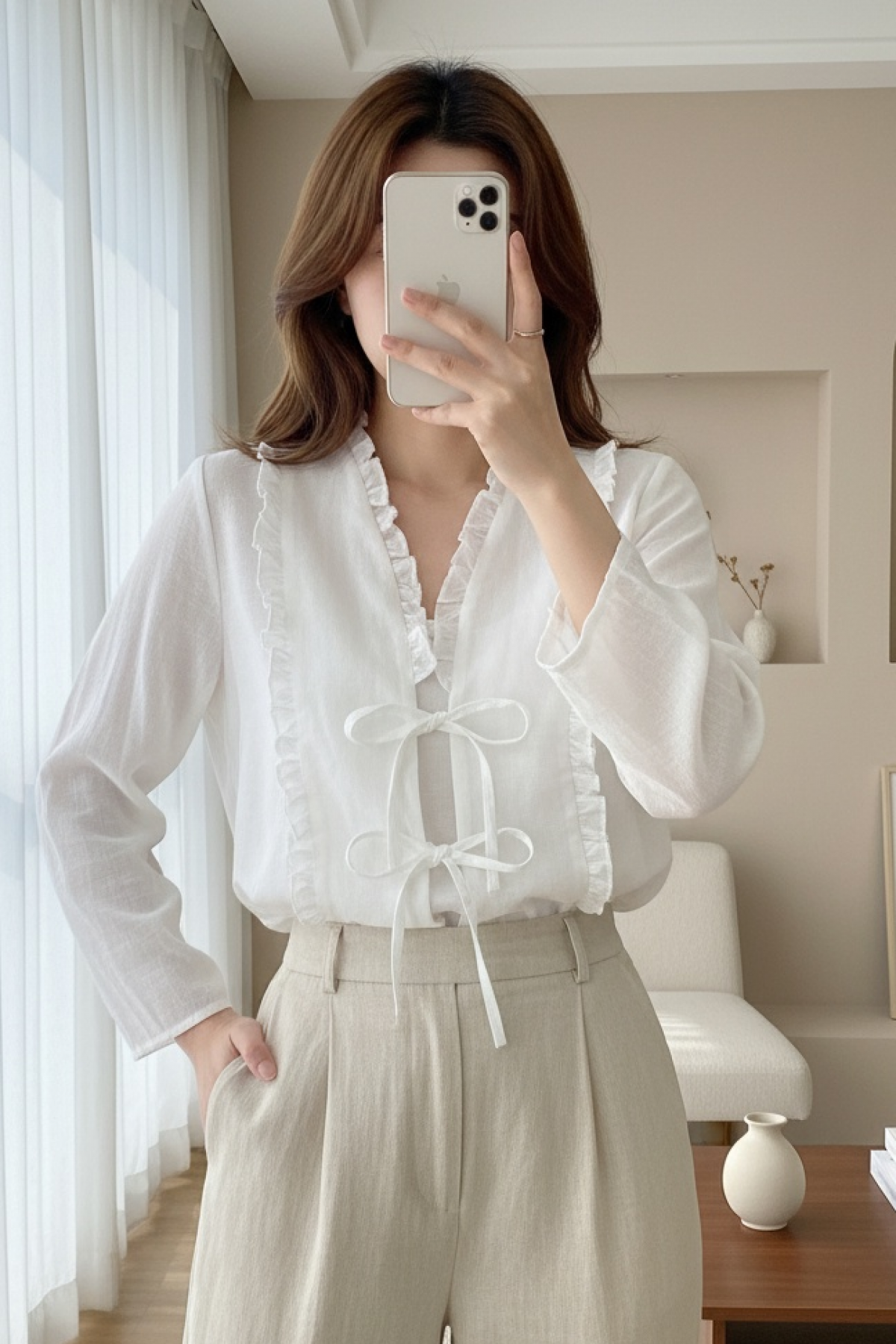 Önü Ve Kolu Fırfırlı Bağlamalı Keten Görünümlü Kimono -Beyaz