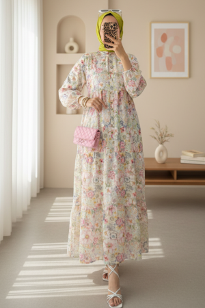 Yarım Düğmeli Kolu Lastikli Çiçek Baskılı Elbise -G.Kurusu