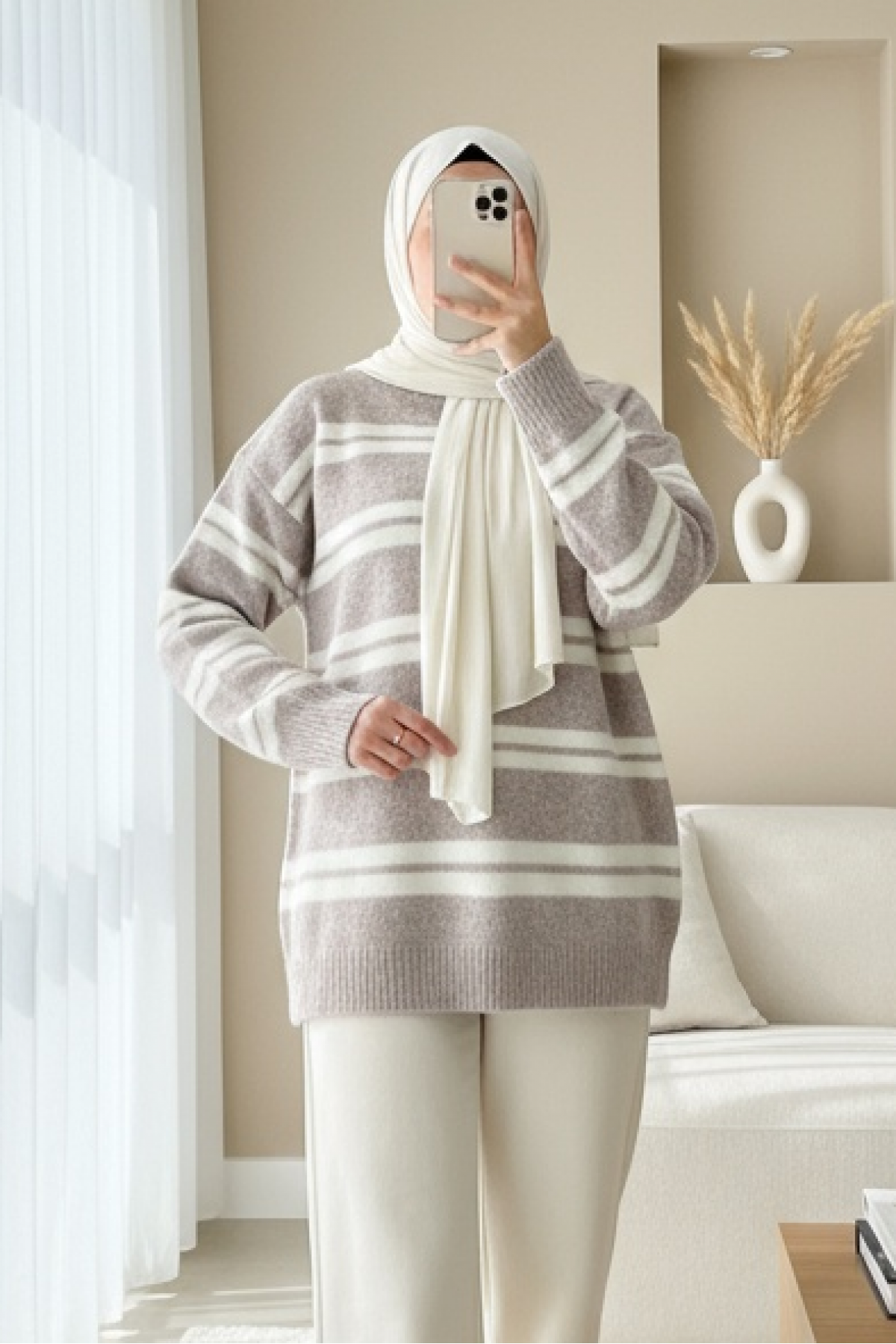 Round Neck Striped Soft Knit Sweater -Light Mink