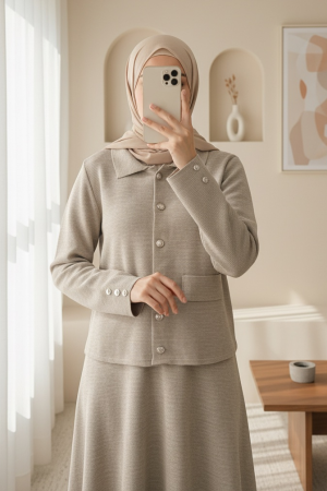 Önü Düğmeli Etekli Yakalı Triko Takım -Toprak