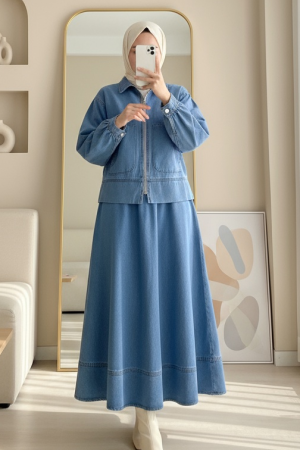 Önü Fermuarlı Çift Cepli Etekli Kot Takım -Buz Mavi