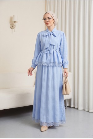Crepe Set with Lace Trim and Pleated Skirt, Tie Neckline and Waist -Baby Blue