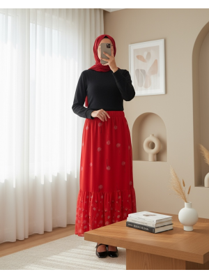 Kadın Kırmızı Desenli Şifon Etek 8010