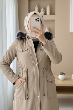 Çıkma Kapşonlu Bağcıklı Bondit Kısa Kaban   -Taş