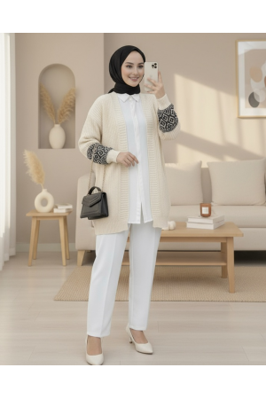 Kolları Desenli Triko Hırka -Krem