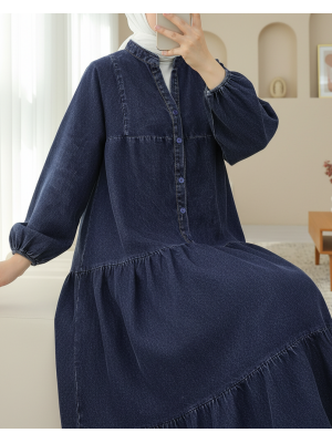 Yarım Düğmeli Kolu Lastikli Yarasa Kol Kot Elbise  -Laci