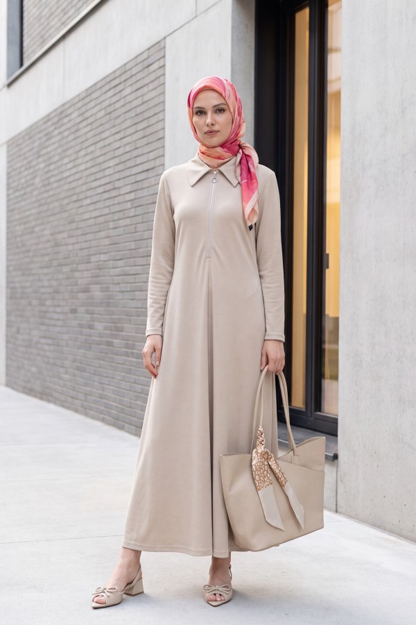 Half-Zip Shirt Collar Long Oysho Dress -Light Mink