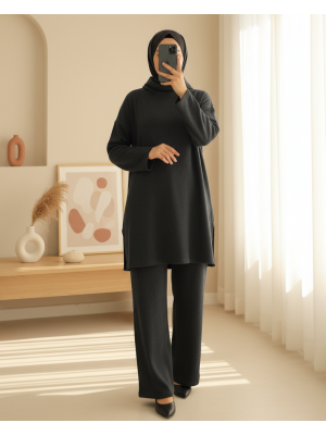 Balıkçı Yaka Yırtmaçlı Selanik Tunik  -Antrasit