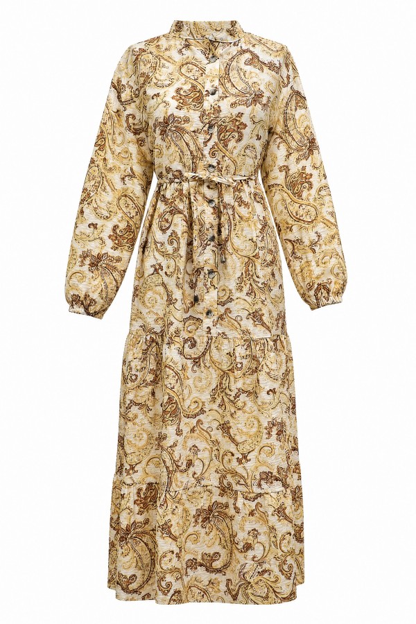 Mandarin Collar Half-Button Mixed Patterned Polycotton Dress with Elasticated Sleeves -Cinnamon