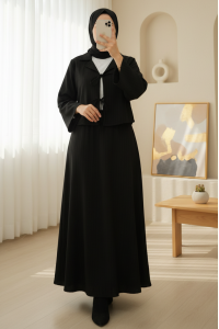 Önü Bağlamalı Etekli Krinkıl Takım  -Siyah