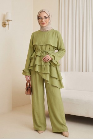 Asimetrik Kat Detaylı Bağcıklı Pantolonu Astarlı Cupra Takım  -A.Yeşil