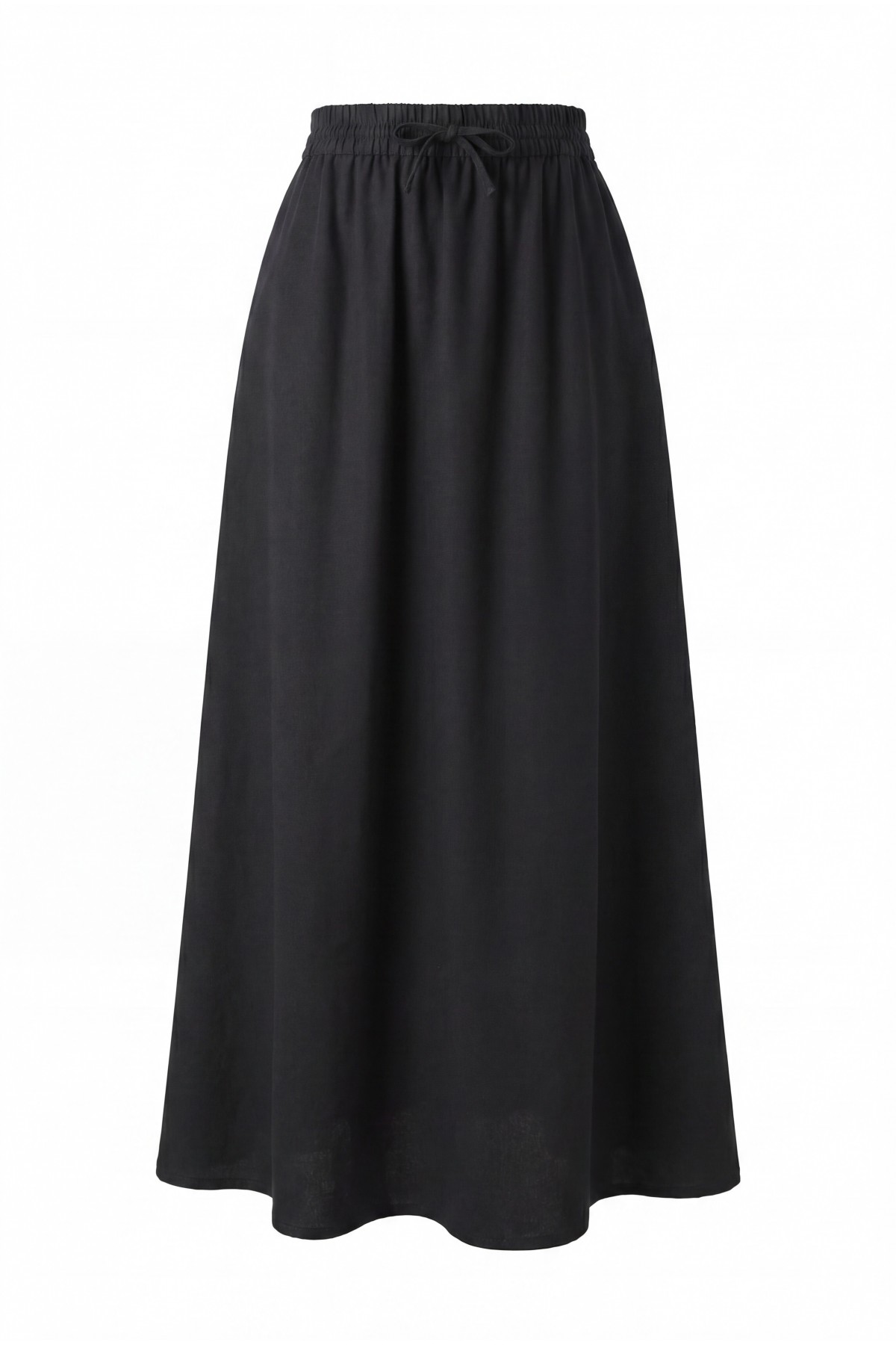 Tencel Skirt with Elastic Waistband, Drawstring Detail, and Pockets -Black