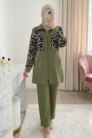 Gömlek Yaka Boydan Fermuarlı Pantolonlu Takım   -Haki