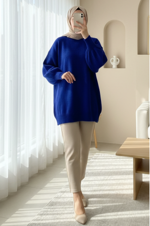 Round Neck Balloon Sleeve Casual Knitted Sweater  -Saxe 